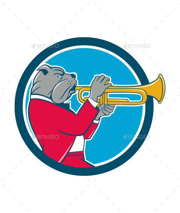 Bulldog blowing trumpet side circ prvw