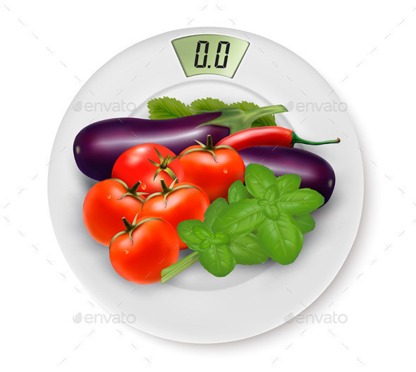 01 concept of diet with fresh vegetable and weight scale t
