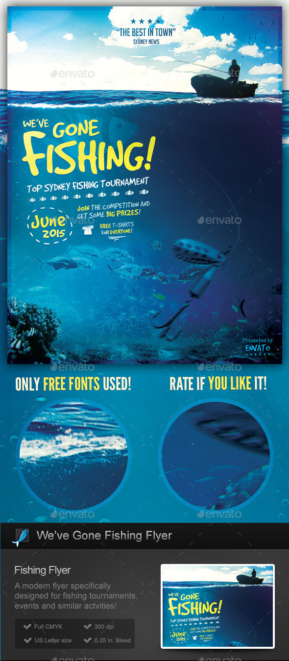 Fishing flyer poster template tournaments fish sea ocean angling scuba diving big game showcase