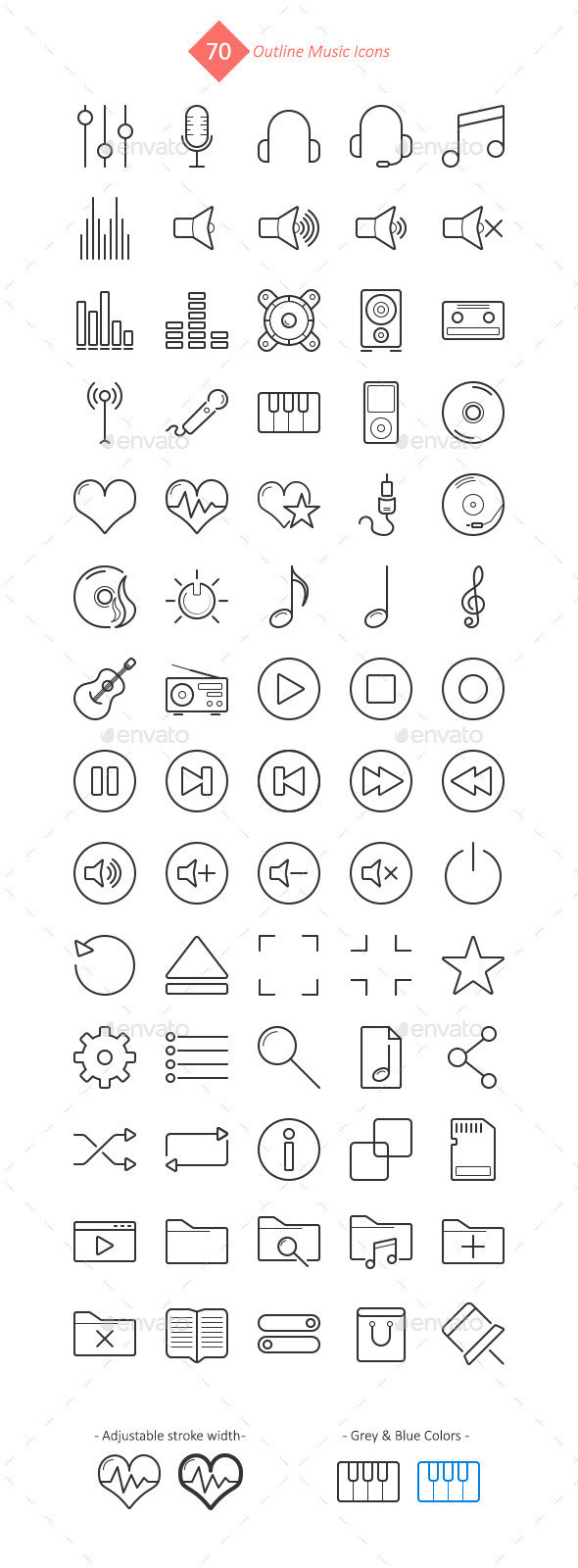 70 music player outline vector icons