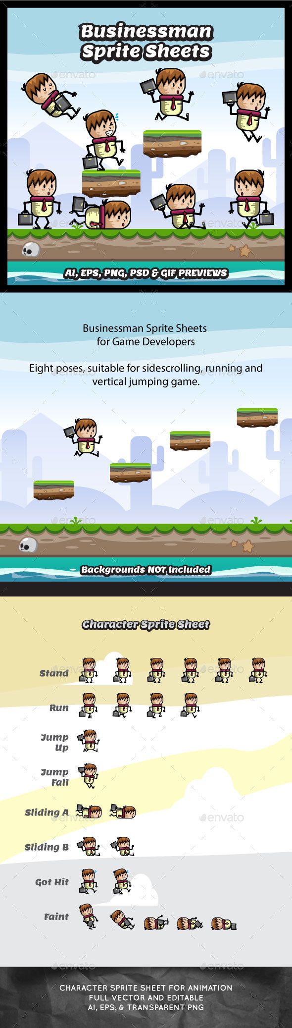 Running and jumping businessman game character sprite sheet sidescroller game asset mobile games gameart game art 590