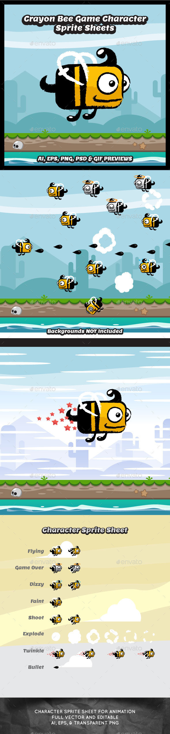 Crayon bee game character sprite sheet game asset flappy games gameart game art crayon style game character 590