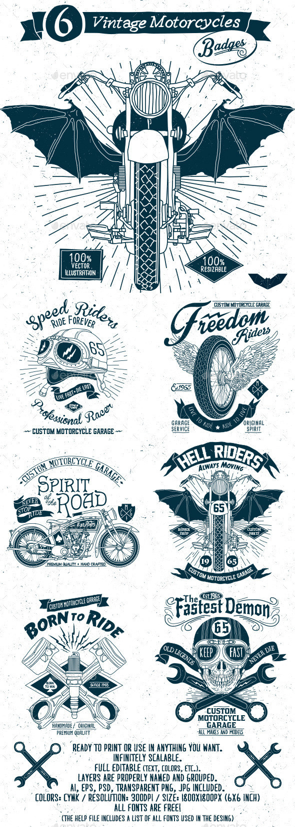 6 vintage motorcycles badges   preview