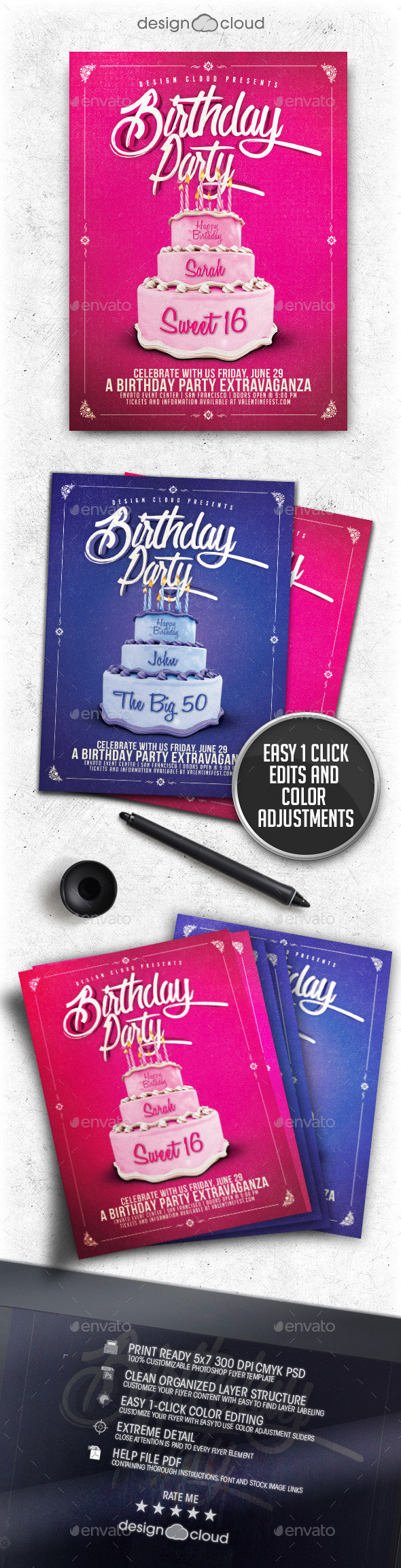 Preview birthday party cake flyer template