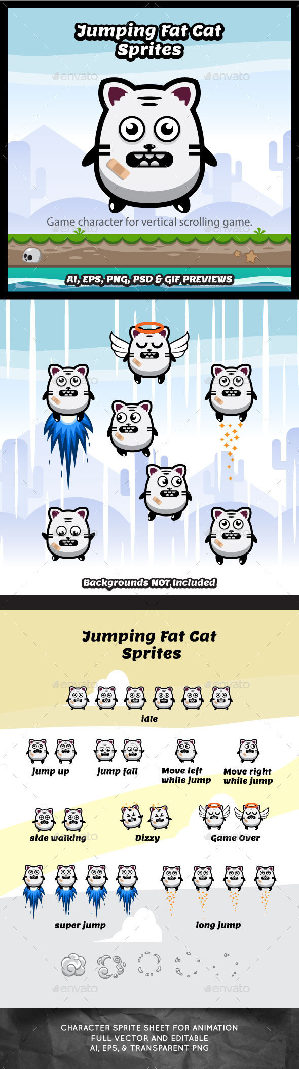 Jumping fat cat game character sprite sheet sidescroller game asset animation mobile games gameart game art 590