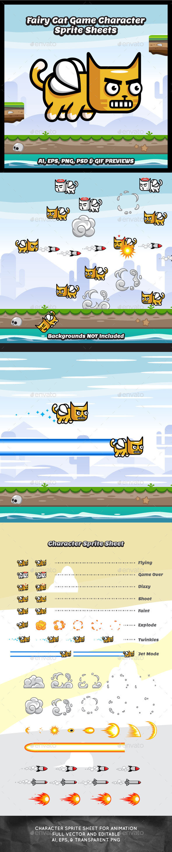 Flappy fairy cat game character sprite sheet sidescroller game asset flying flappy animation gui mobile games gameart game art 590