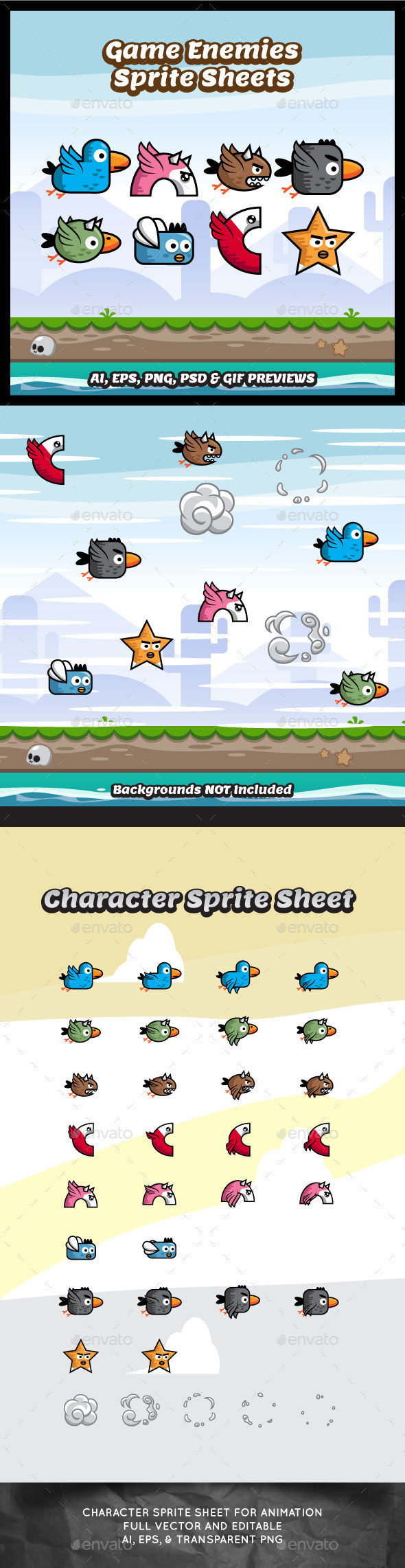 Eight flappy game enemies sprite sheets sidescroller game asset flying flappy animation gui mobile games gameart game art 590
