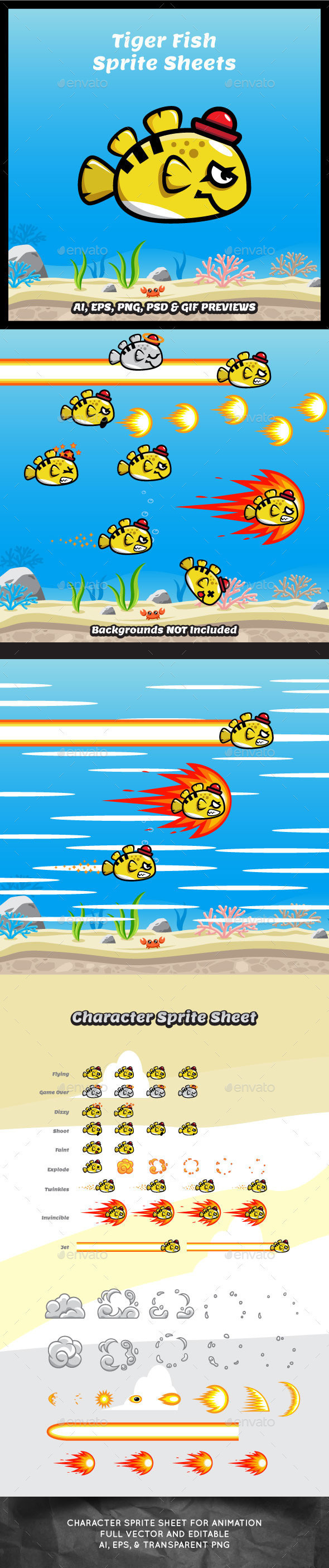 Tiger fish game character sprite sheet sidescroller game asset flying flappy animation gui mobile games gameart game art 590