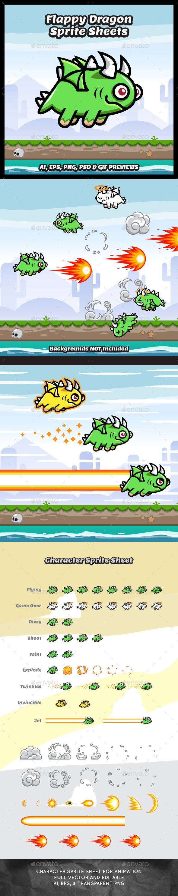 Flappy cute dragon game character sprite sheet sidescroller game asset flying flappy animation gui mobile games gameart game art 590