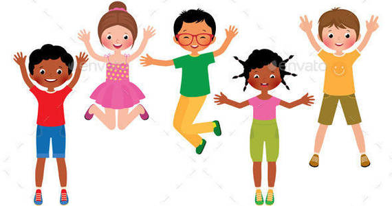 Box group of happy jumping children isolated on white background