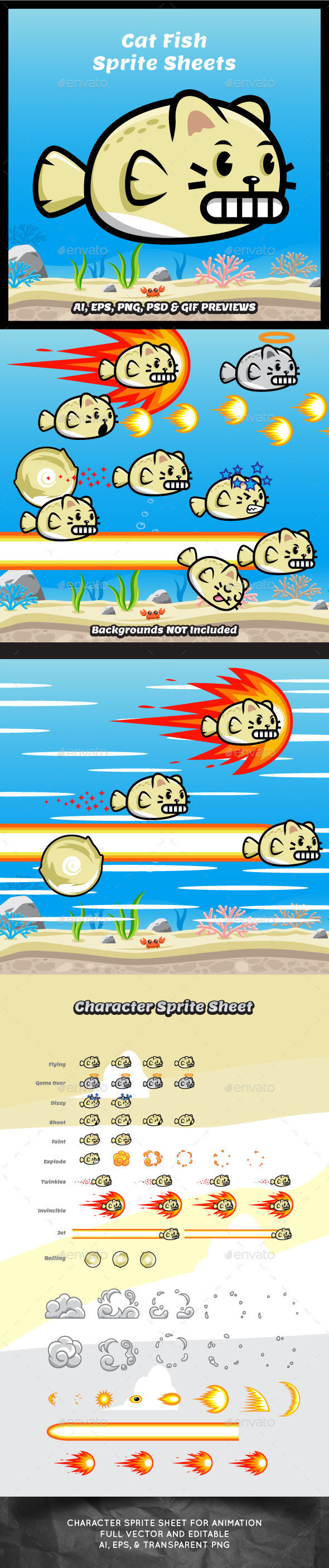 Cat sea fish game character sprite sheet sidescroller game asset flying flappy animation gui mobile games gameart game art 590