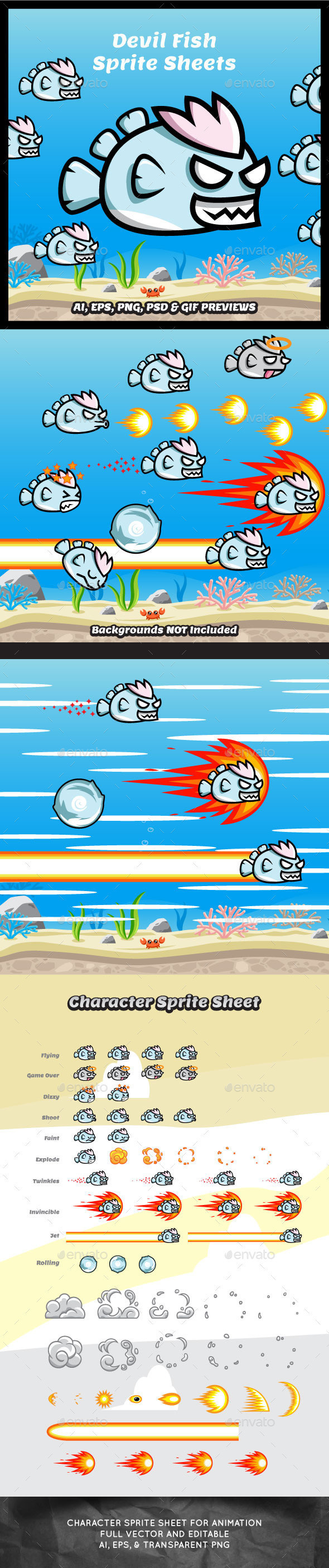 Devil sea fish game character sprite sheet sidescroller game asset flying flappy animation gui mobile games gameart game art 590