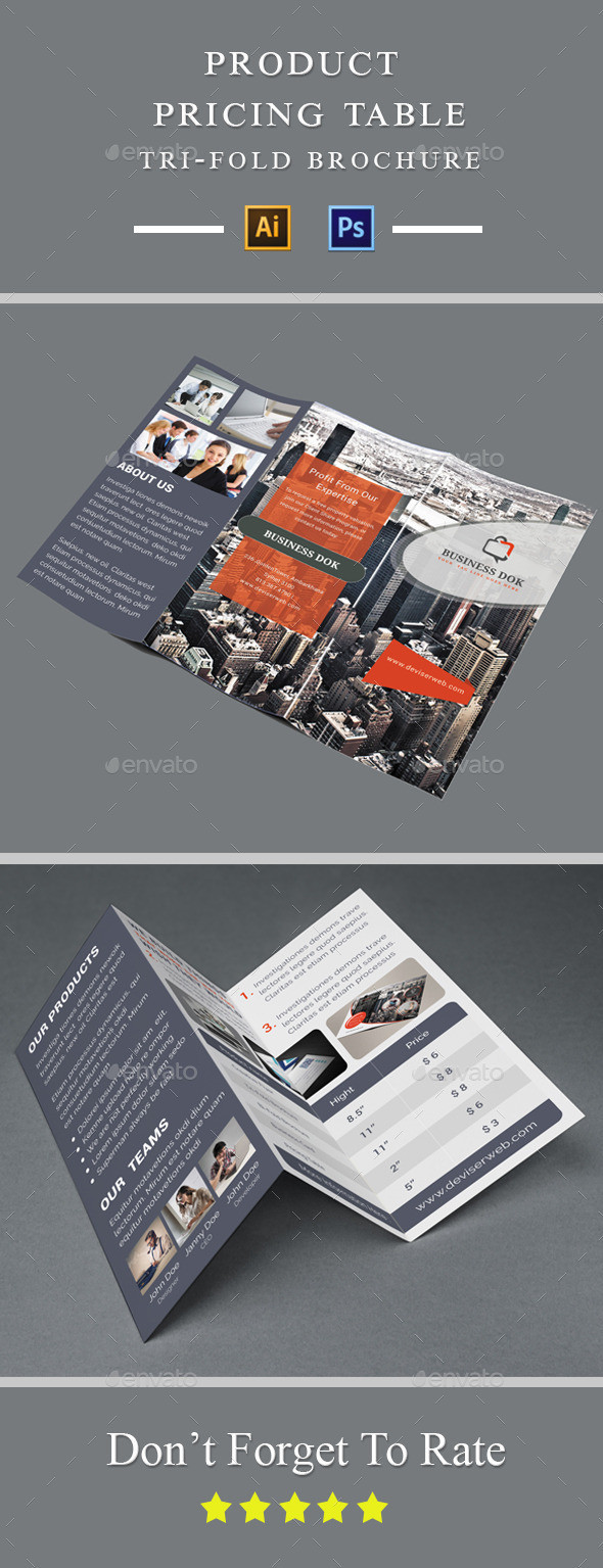 Product pricing table tri fold brochure