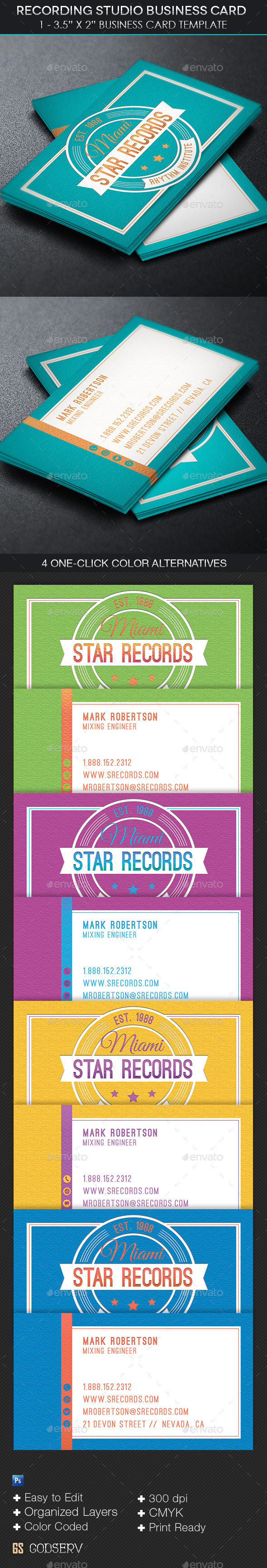 Recording studio business card template preview