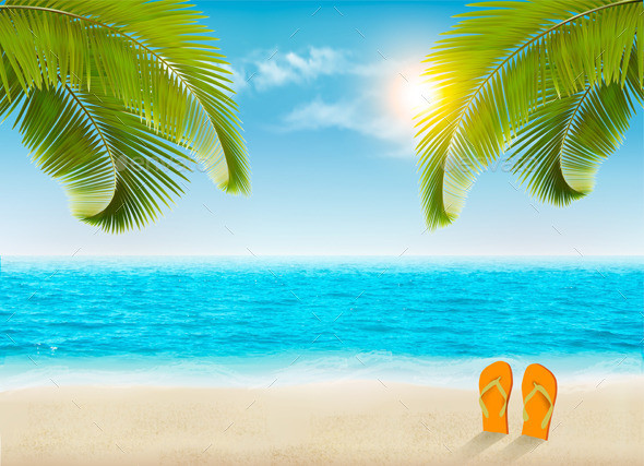 01 background with blue sunny sea and sky and green palm and flip flops t