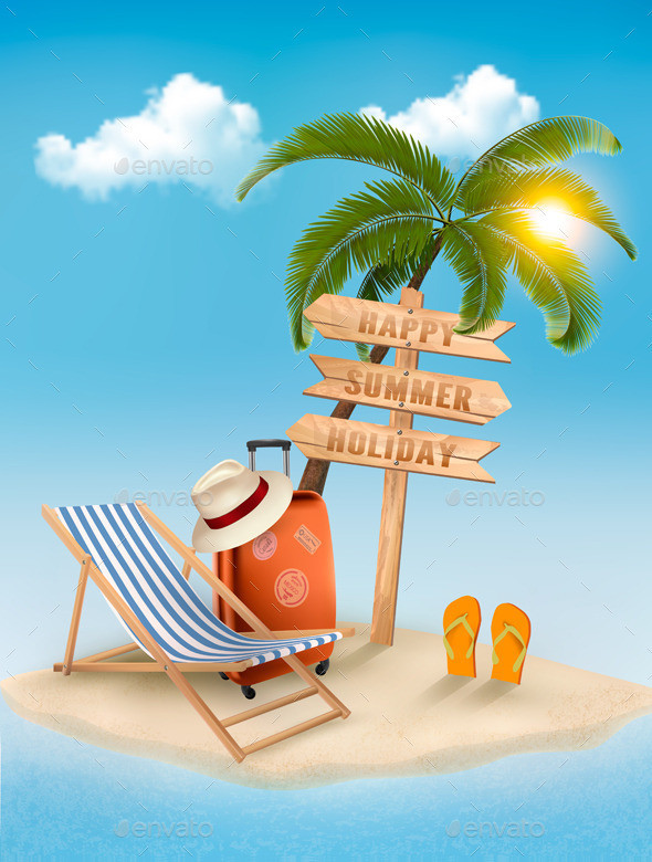 01 travel background with palms and beach chair and wooden sign t