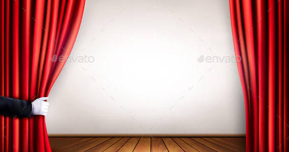 Box 01 background with red curtain with hands and wood floor t