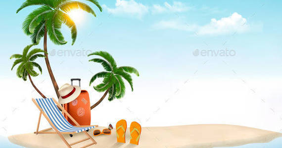 Box 01 travel background with beach chair and palms t
