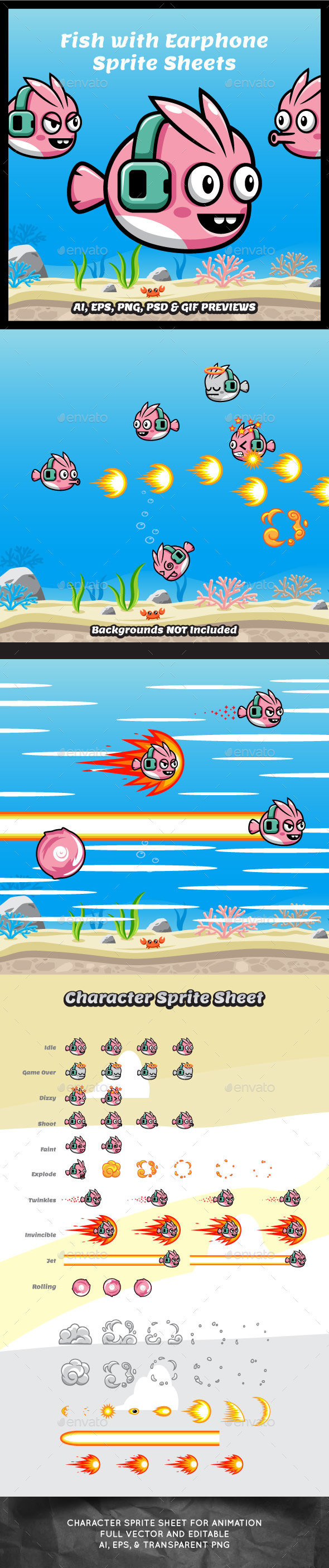 Fish with music earphone game character sprite sheet sidescroller game asset flying flappy animation gui mobile games gameart game art 590