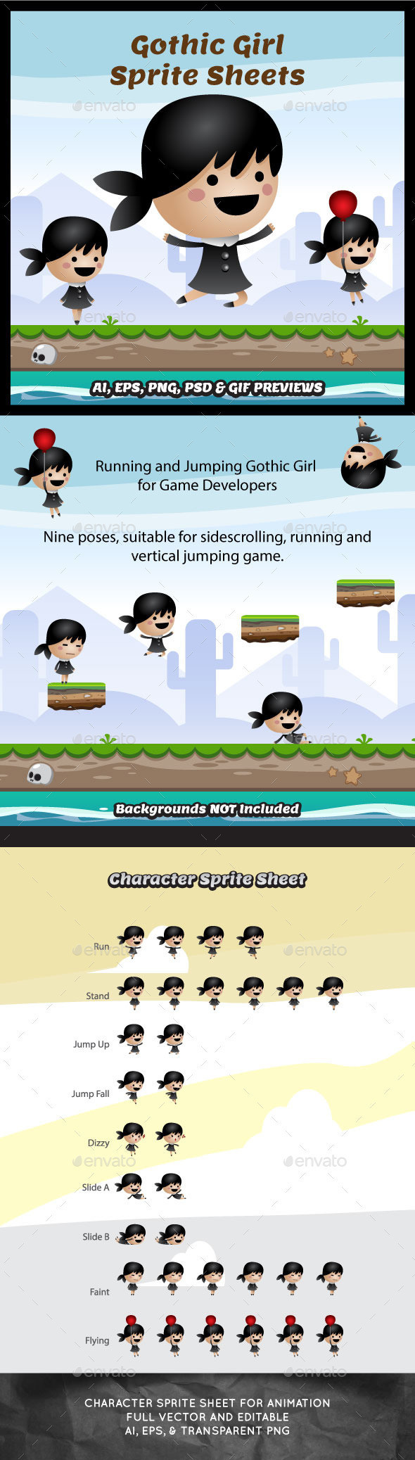 Running and jumping gothic girl game character sprite sheet sidescroller game asset mobile games gameart game art 590