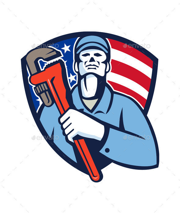 Plumber hold wrench on chest usa flag crest prvw