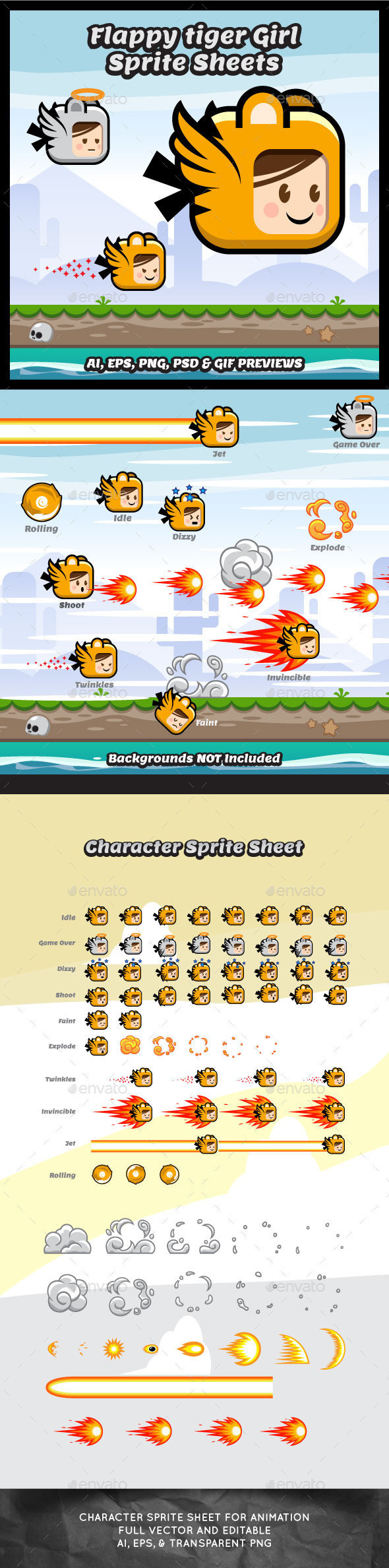 Flappy tiger girl game character sprite sheet sidescroller game asset flying flappy animation gui mobile games gameart game art 590