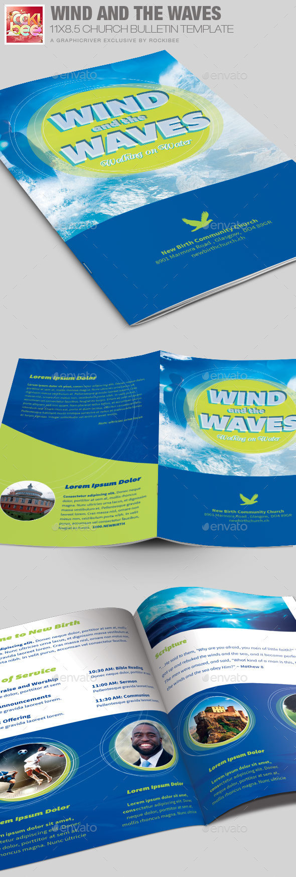 Wind and the waves church bulletin template image preview