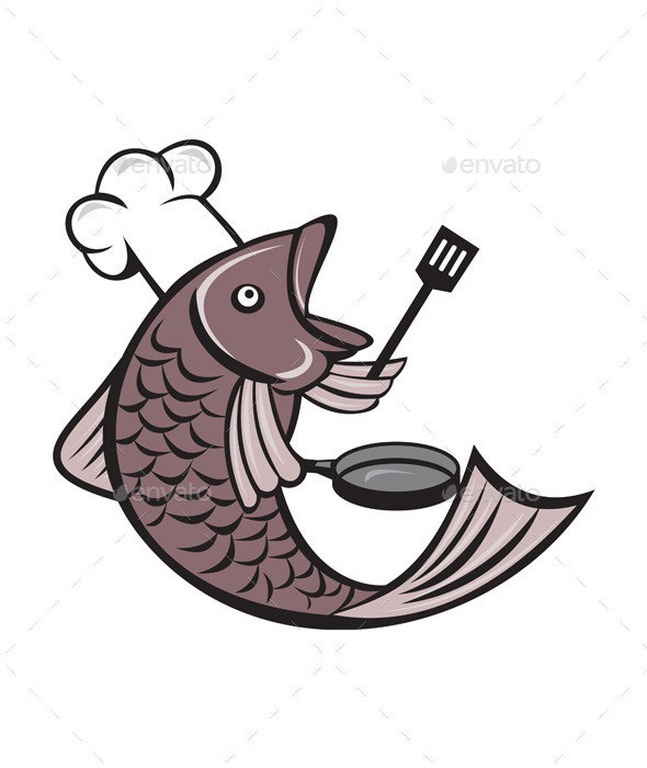 Fish chef cooking hold spatula frying pan iso prvw