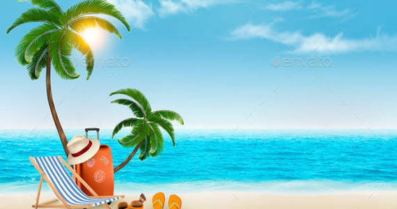 Box 01travel background with flip flops and beach chair and palms t