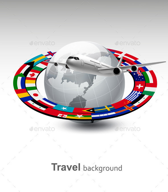 01travel background with globe and flags of world and airplane t