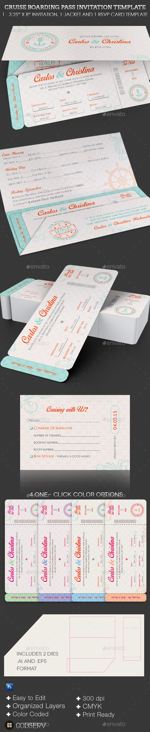 Cruise boarding pass invitation template preview