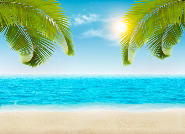 01background with blue sunny sea and sky and green palm t