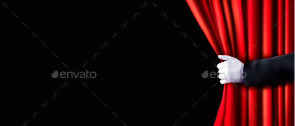 01art background with red curtain and hand t