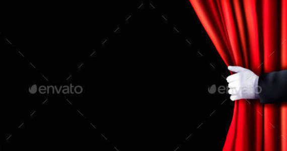 Box 01art background with red curtain and hand t