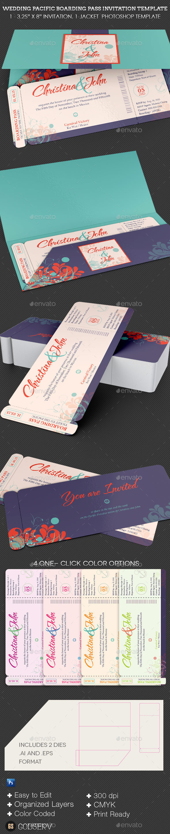 Wedding pacific boarding pass invitation template preview