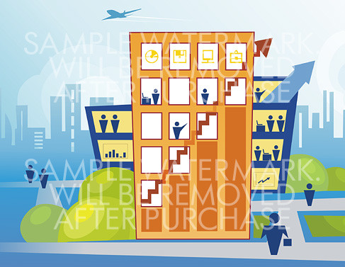 Abstract vector illustration displaying a modern business center with arrows and people s icons.100.130