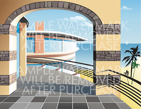 Vector illustration showing a balcony in a modern luxury beach hotel.100.117