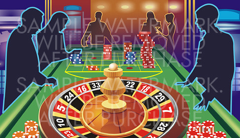 Vector illustration depicting casino table with roulette and piles of chips and people s silhouettes around it.100.107