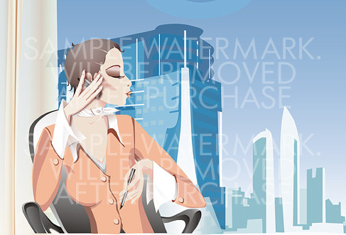 Vector illustration of a business woman talking over the cell phone on a city background.100.100
