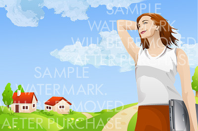 Vector illustration of a smiling woman with laptop on the rural landscape background.100.137