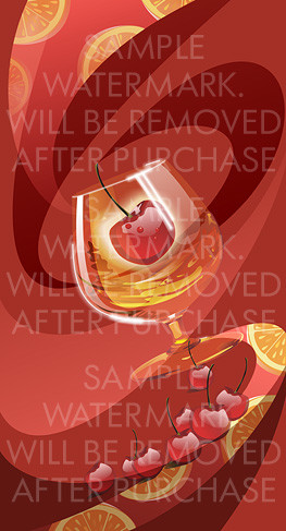 Vector illustration of a glass with some beverage and a cherry inside on the red background.100.155