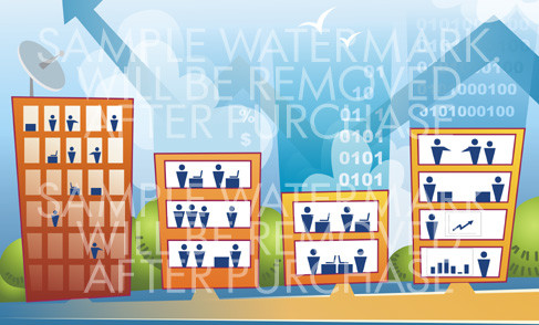 Vector illustration of four office buildings with business people icons in the windows.100.127