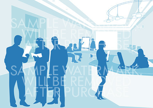 Vector illustration representing a reception hall and office workers silhouettes discussing some projects.100.114