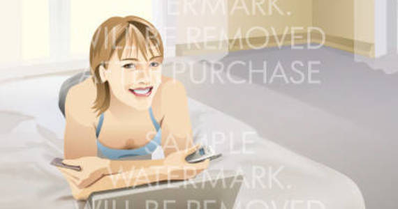 Box vector illustration of a smiling woman lying on the bed before the open laptop with a cell phone and plastic card in her hands.0.81