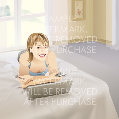 Vector illustration of a smiling woman lying on the bed before the open laptop with a cell phone and plastic card in her hands.0.81