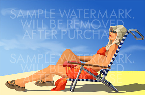 Vector illustration of a woman in orange bikini resting in chaise longue on the beach.100.135