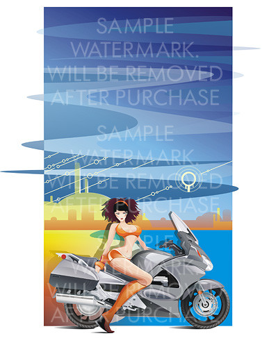 Vector illustration of a sexy girl sitting on a motorcycle on the abstract city background.100.150