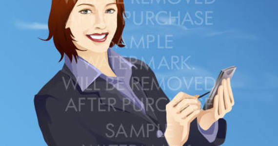 Box vector illustration of a smiling business woman holding pda organizer on the sky background.100.134