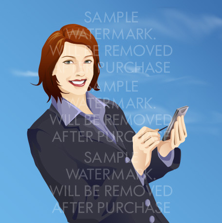 Vector illustration of a smiling business woman holding pda organizer on the sky background.100.134