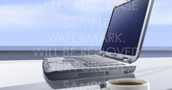 Box vector illustration of a silver laptop and a white cup of coffee.100.132